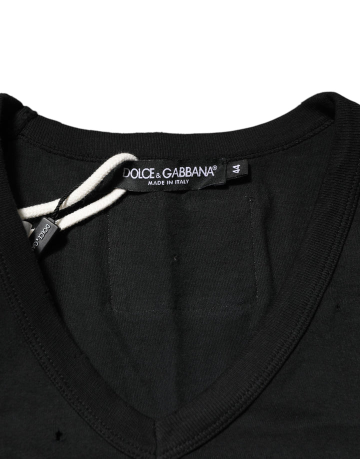 Dolce &amp; Gabbana Black Cotton Tattered Logo V-Neck Men T-shirt
