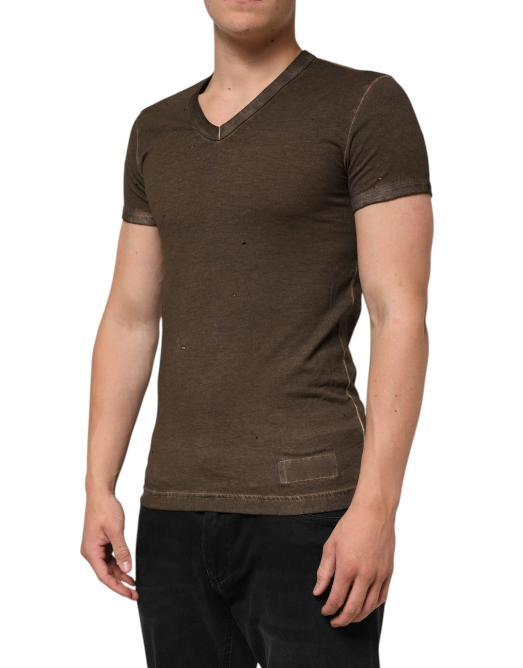 Dolce &amp; Gabbana Dark Brown Cotton Tattered Logo Men T-shirt