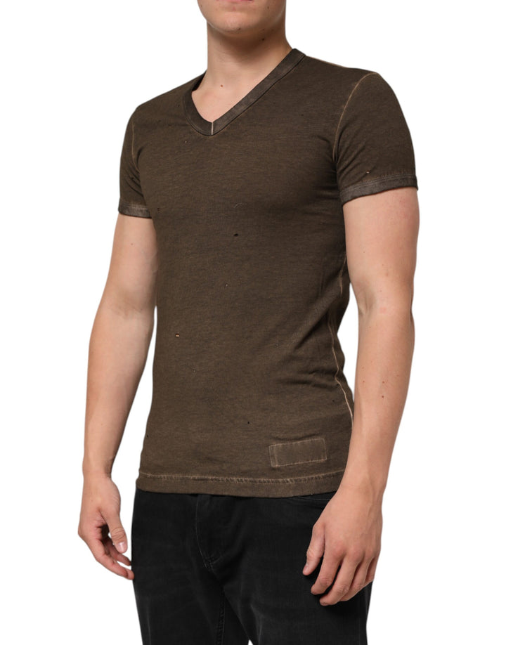 Dolce &amp; Gabbana Dark Brown Cotton Tattered Logo Men T-shirt