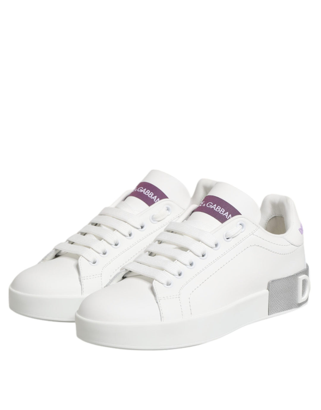 Dolce & Gabbana White Purple Leather Low Top Sneakers Shoes