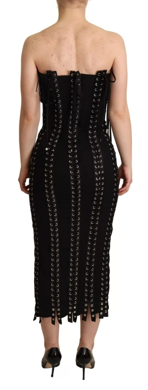 Dolce &amp; Gabbana Black Cady Sleeveless Lace Up Bodycon Dress