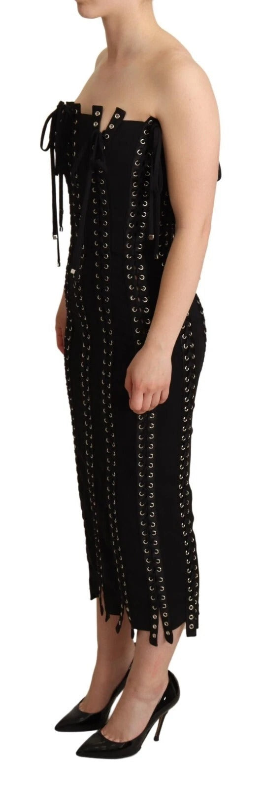 Dolce &amp; Gabbana Black Cady Sleeveless Lace Up Bodycon Dress