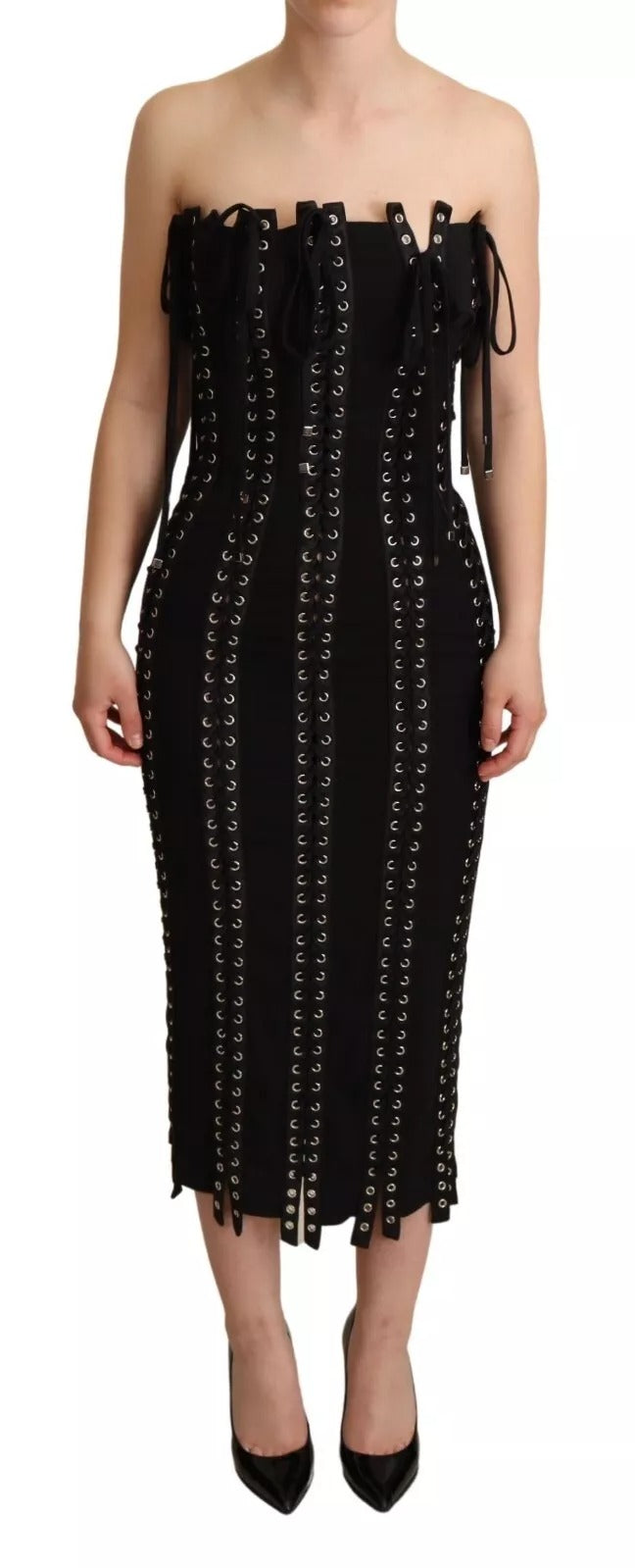 Dolce &amp; Gabbana Black Cady Sleeveless Lace Up Bodycon Dress