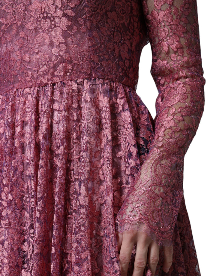 Dolce &amp; Gabbana Pink Floral Lace Long Sleeve Midi Dress