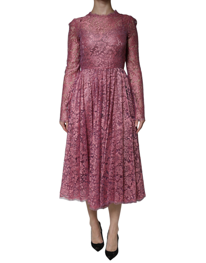Dolce &amp; Gabbana Pink Floral Lace Long Sleeve Midi Dress