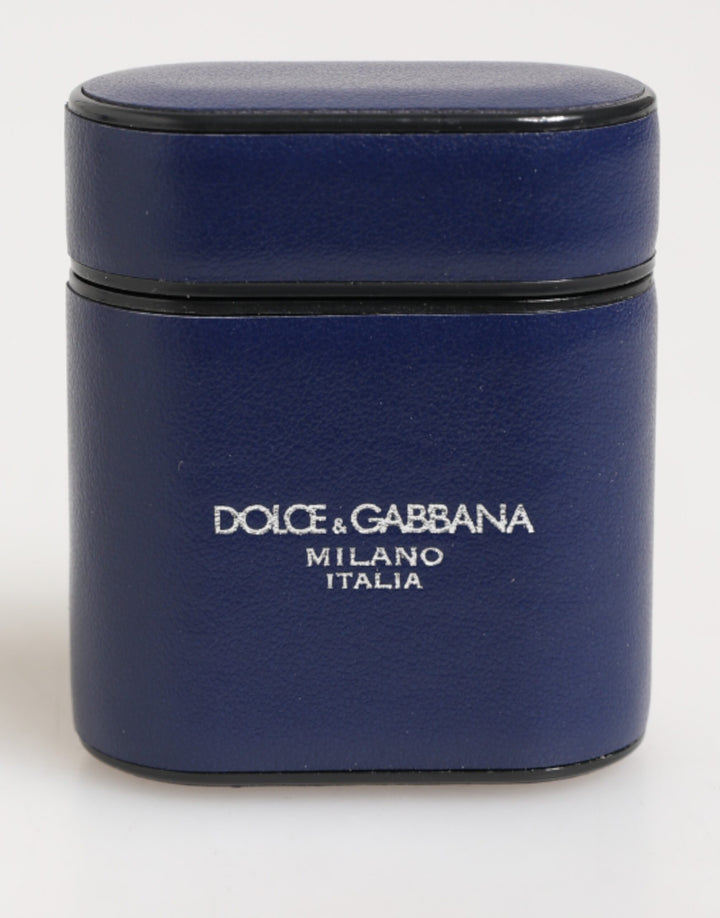Dolce &amp; Gabbana Blue Leather Logo Print Flip Holder Men Airpods Case