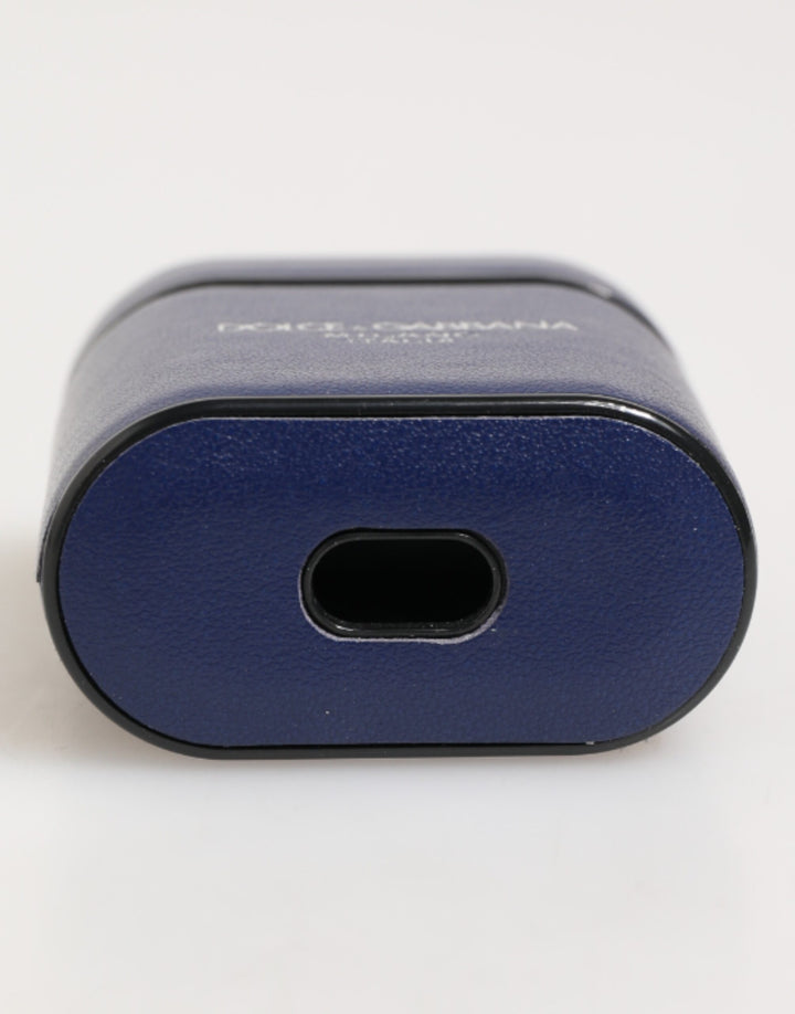 Dolce &amp; Gabbana Blue Leather Logo Print Flip Holder Men Airpods Case