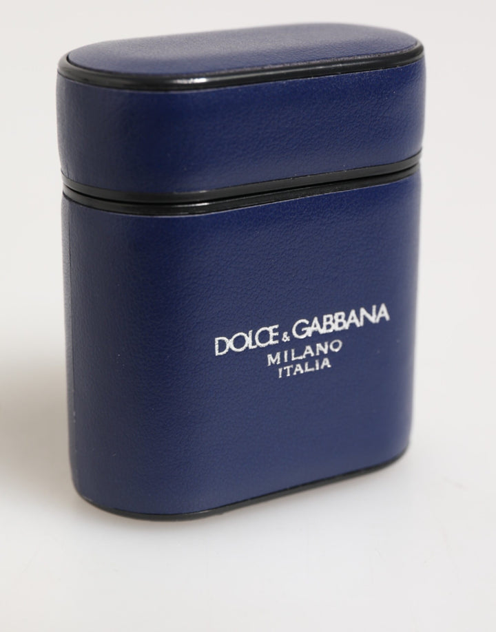 Dolce &amp; Gabbana Blue Leather Logo Print Flip Holder Men Airpods Case