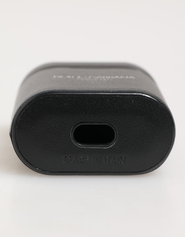 Dolce &amp; Gabbana Black Calfskin Leather Logo Print Flip Holder Airpods Case