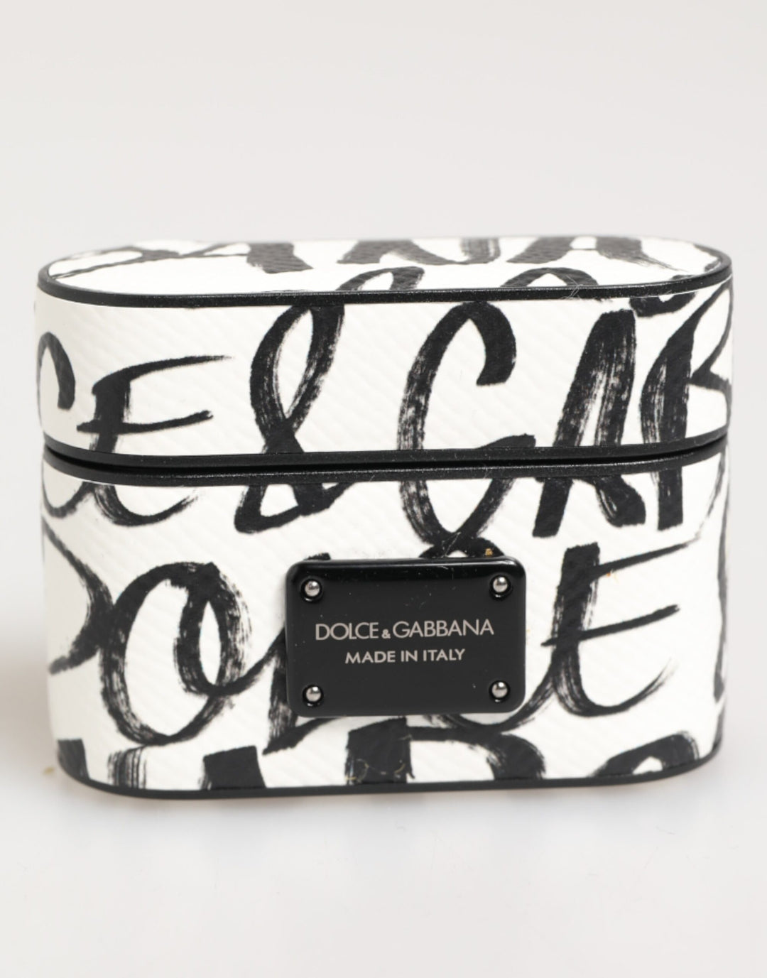 Dolce &amp; Gabbana Black White Leather Monogram Print Logo Holder Airpods Case