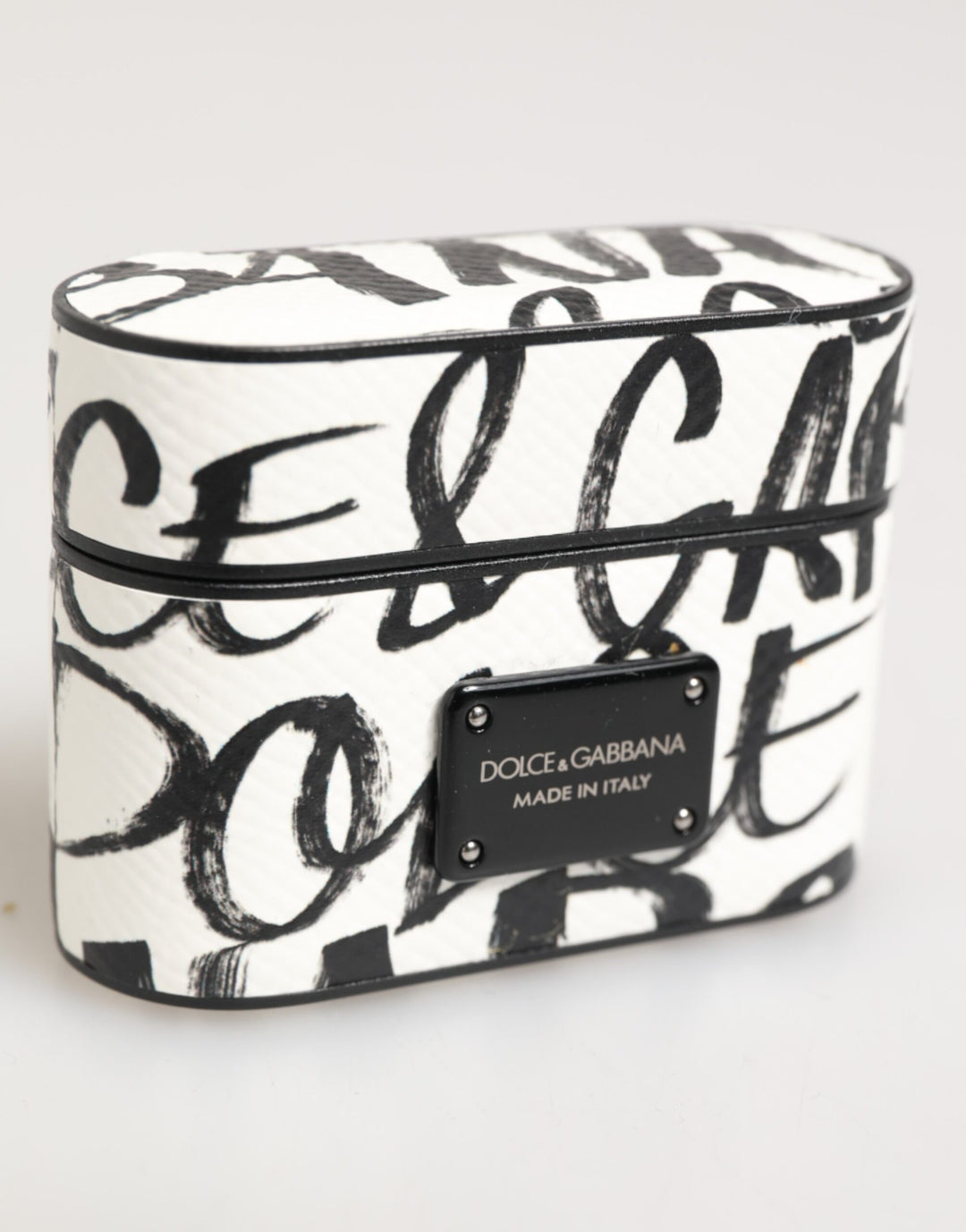 Dolce &amp; Gabbana Black White Leather Monogram Print Logo Holder Airpods Case
