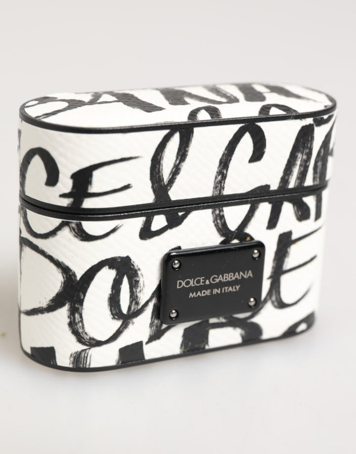 Dolce &amp; Gabbana Black White Leather Monogram Print Logo Holder Airpods Case