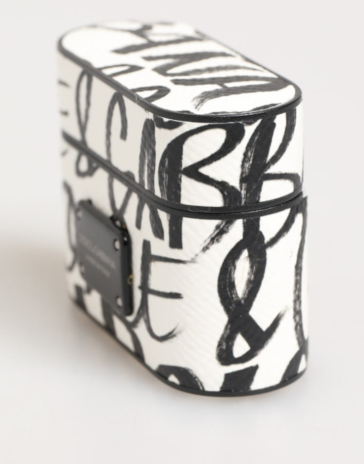 Dolce &amp; Gabbana Black White Leather Monogram Print Logo Holder Airpods Case