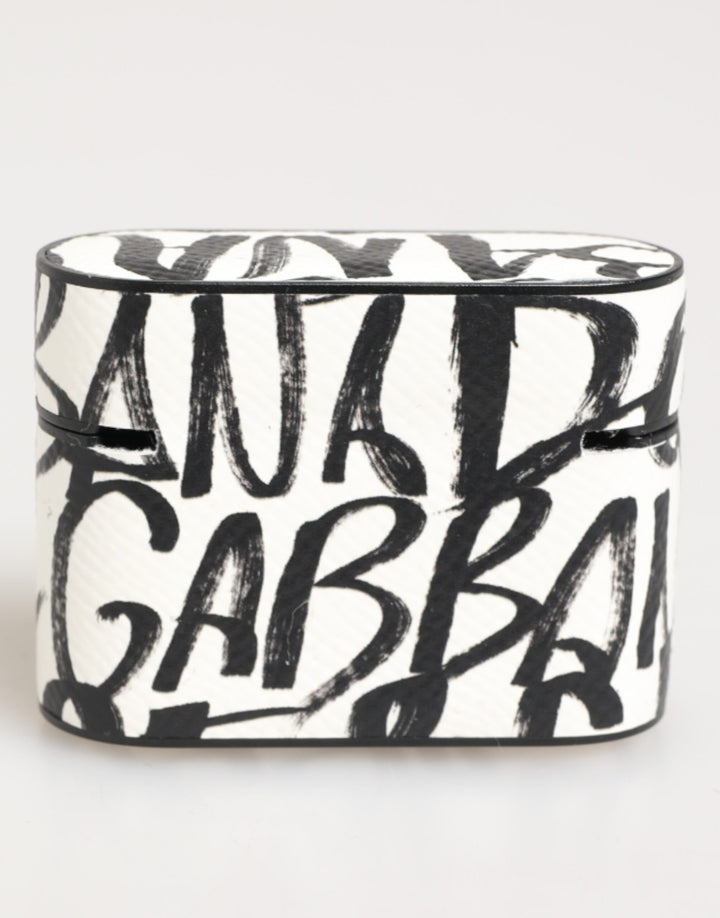 Dolce &amp; Gabbana Black White Leather Monogram Print Logo Holder Airpods Case