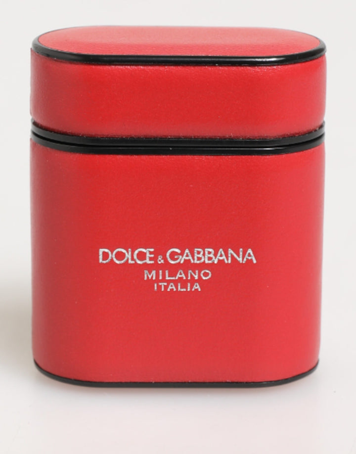 Dolce &amp; Gabbana Red White Calfskin Leather Logo Flip Holder Airpods Case