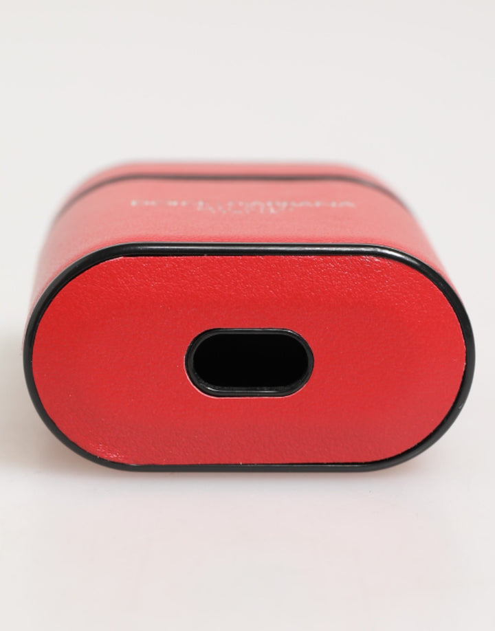 Dolce &amp; Gabbana Red White Calfskin Leather Logo Flip Holder Airpods Case
