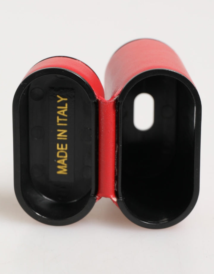 Dolce &amp; Gabbana Red White Calfskin Leather Logo Flip Holder Airpods Case