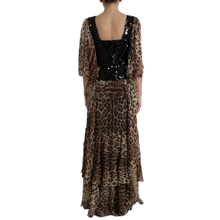 Dolce &amp; Gabbana Leopard Print Silk Sequin Ruffle Maxi Dress