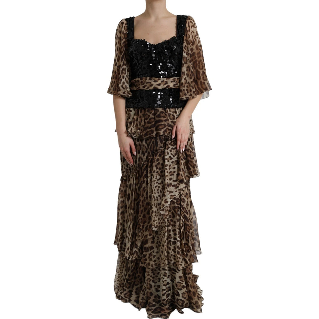 Dolce &amp; Gabbana Leopard Print Silk Sequin Ruffle Maxi Dress