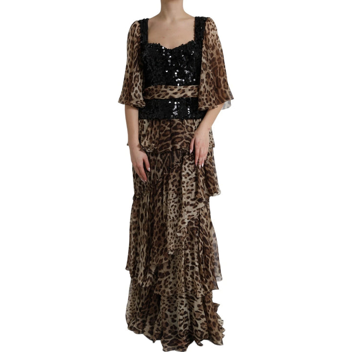 Dolce &amp; Gabbana Leopard Print Silk Sequin Ruffle Maxi Dress