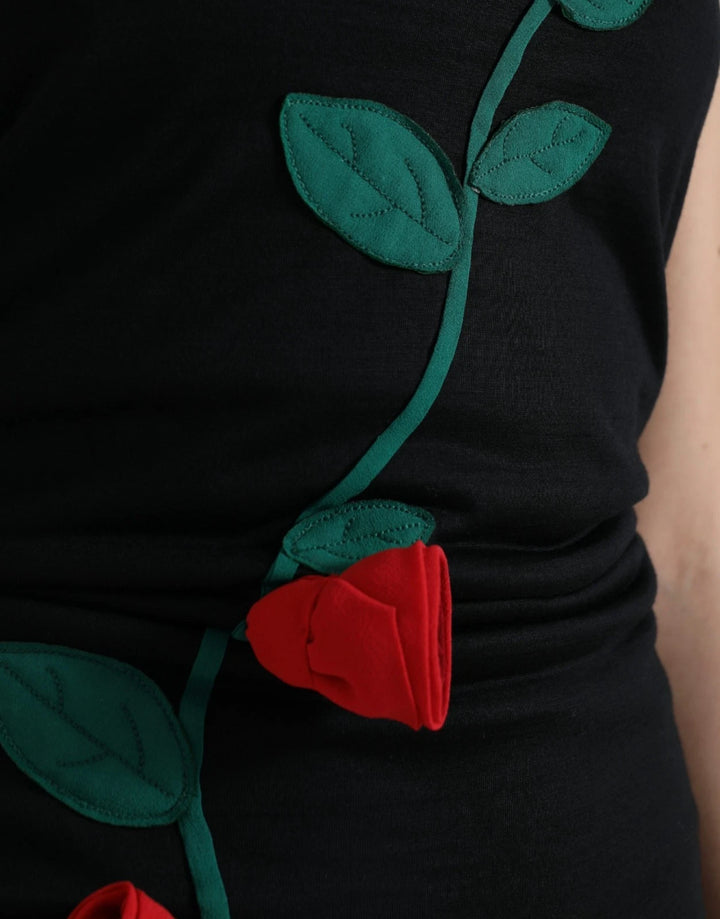 Dolce &amp; Gabbana Black Wool Sleeveless Rose Applique Dress