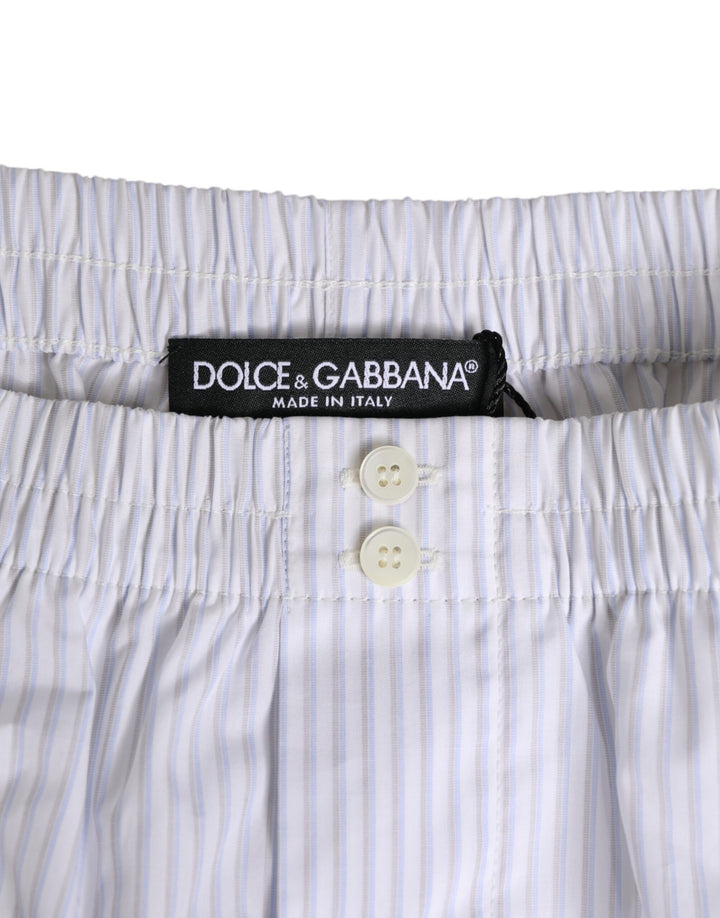 Dolce &amp; Gabbana White Blue Cotton Striped Button Fly Shorts Swimwear