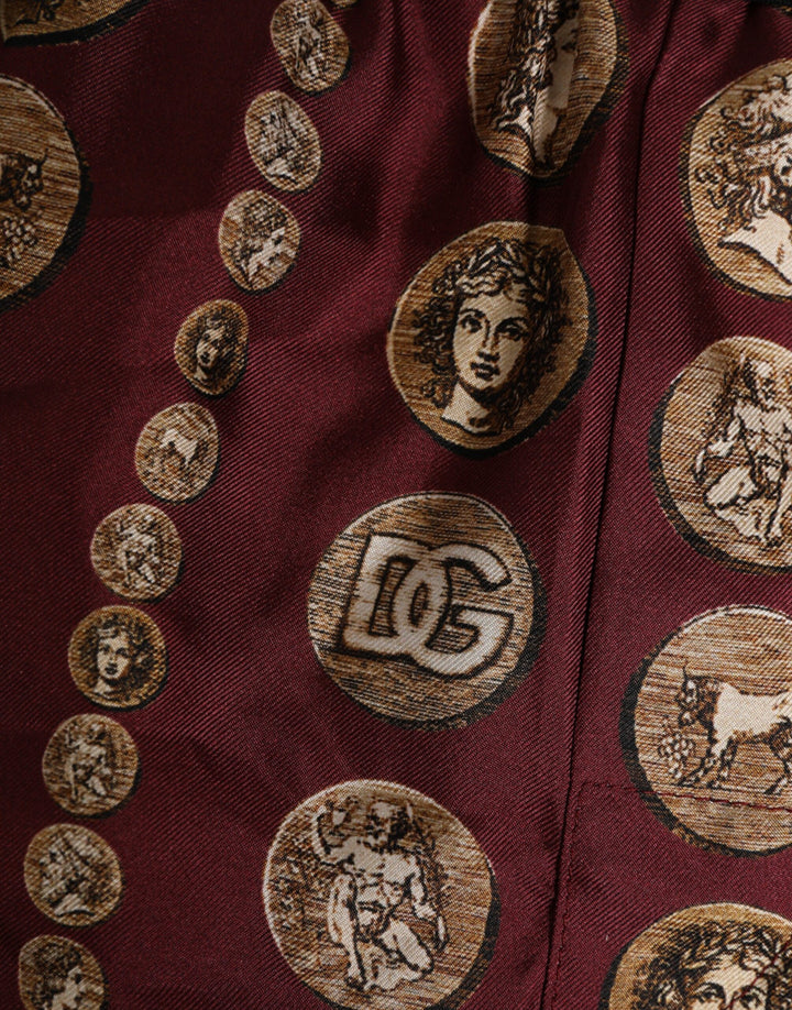 Dolce &amp; Gabbana Burgundy Silk Coin Print Men Boxer Short Swimwear