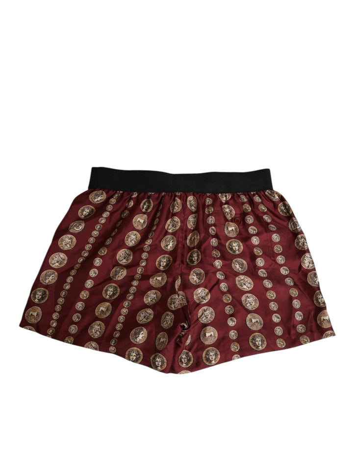 Dolce &amp; Gabbana Burgundy Silk Coin Print Men Boxer Short Swimwear
