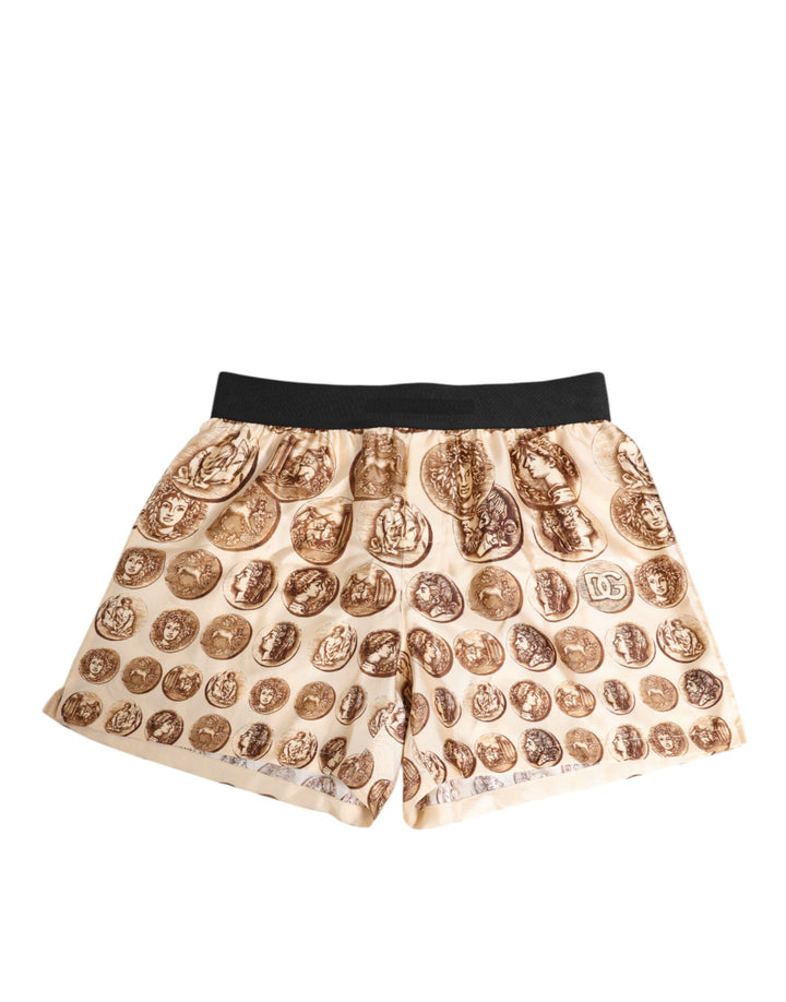 Dolce &amp; Gabbana Brown Ancient Coin Print Silk Shorts Swimwear