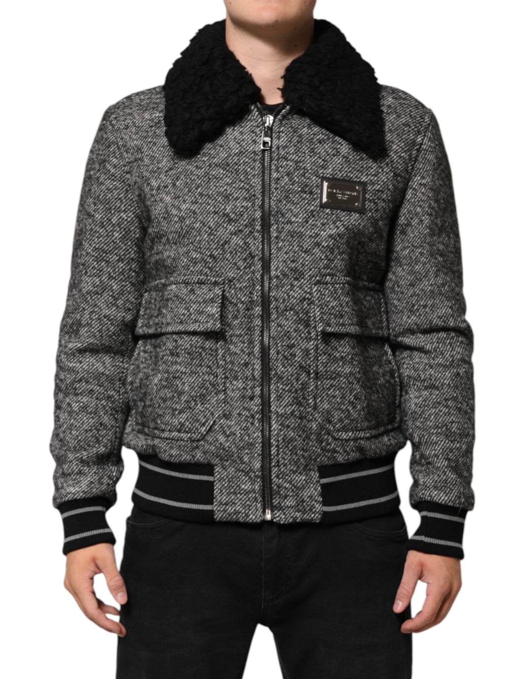 Dolce &amp; Gabbana Gray Wool Herringbone Shearling Collar Bomber Jacket