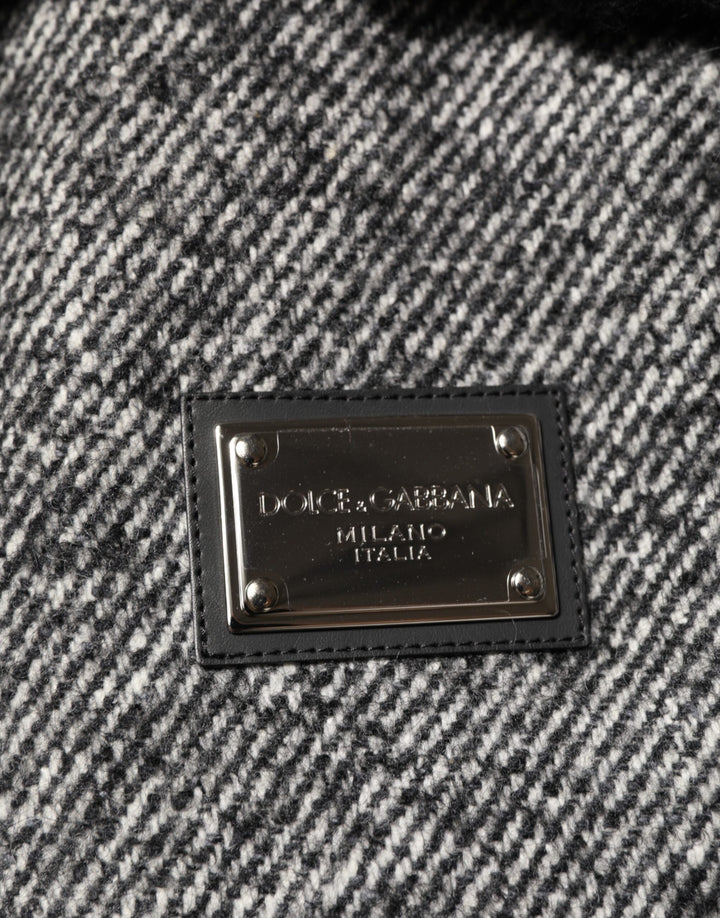 Dolce & Gabbana Gray Wool Herringbone Shearling Collar Bomber Jacket
