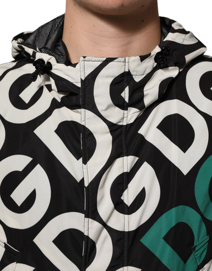 Dolce & Gabbana Black White Logo Print Hooded Coat Men Jacket
