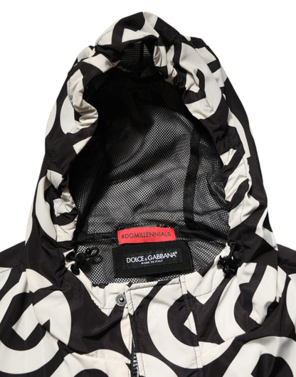 Dolce & Gabbana Black White Logo Print Hooded Coat Men Jacket