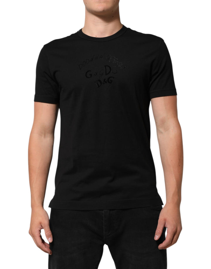 Dolce &amp; Gabbana Black Cotton Velvet Logo Print Men T-shirt