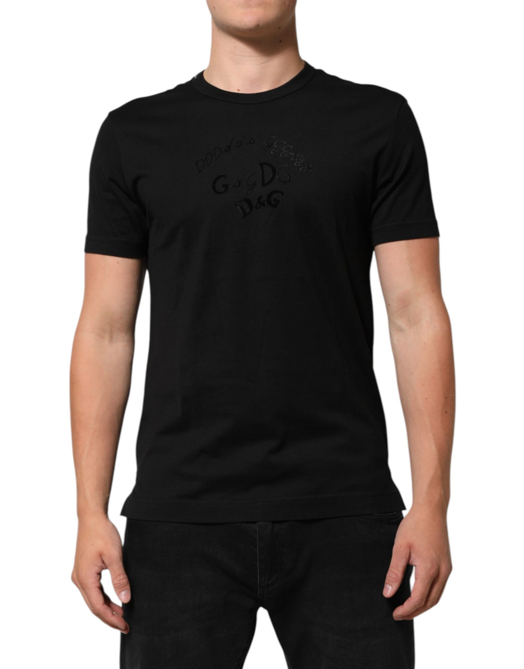 Dolce &amp; Gabbana Black Cotton Velvet Logo Print Men T-shirt