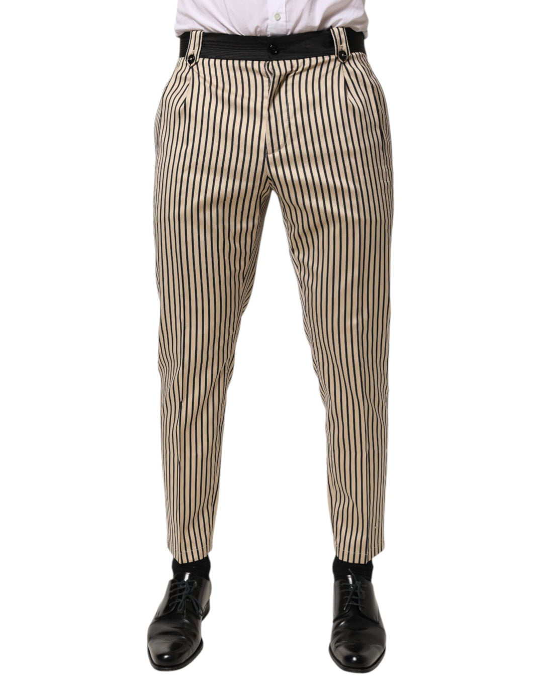 Dolce &amp; Gabbana Beige Black Striped Cotton Slim Fit Trousers Pants