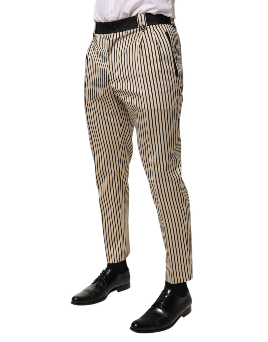 Dolce &amp; Gabbana Beige Black Striped Cotton Slim Fit Trousers Pants