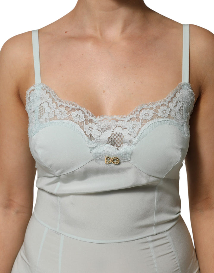 Dolce &amp; Gabbana Light Blue Silk Lace Midi Bodycon Slip Dress