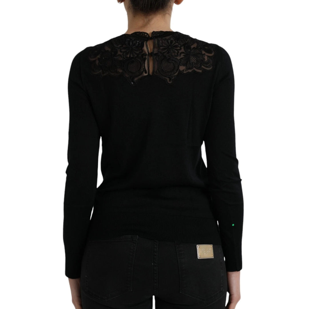Dolce &amp; Gabbana Black Silk Lace Trim Long Sleeves Blouse Top