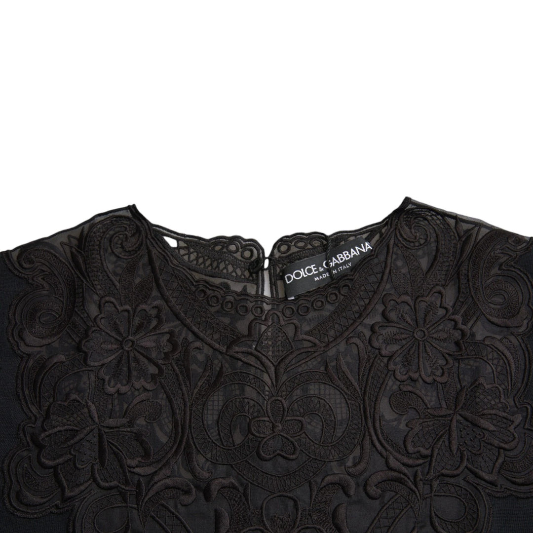 Dolce &amp; Gabbana Black Silk Lace Trim Long Sleeves Blouse Top