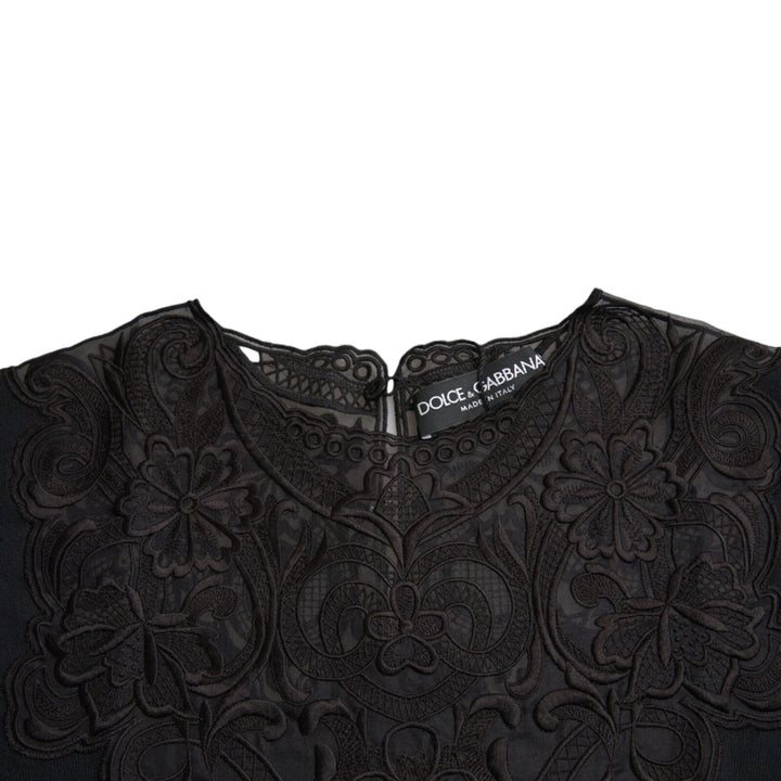 Dolce &amp; Gabbana Black Silk Lace Trim Long Sleeves Blouse Top