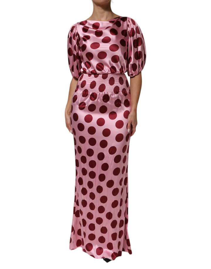 Dolce &amp; Gabbana Pink Red Polka Dot Silk Satin Maxi Gown Dress
