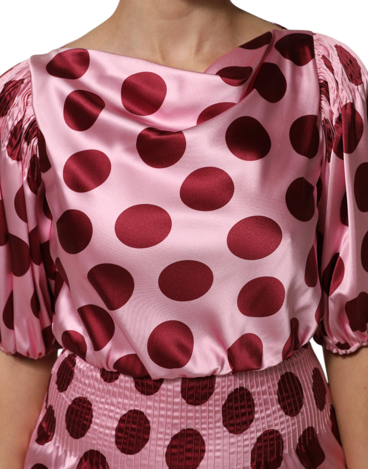 Dolce &amp; Gabbana Pink Red Polka Dot Silk Satin Maxi Gown Dress