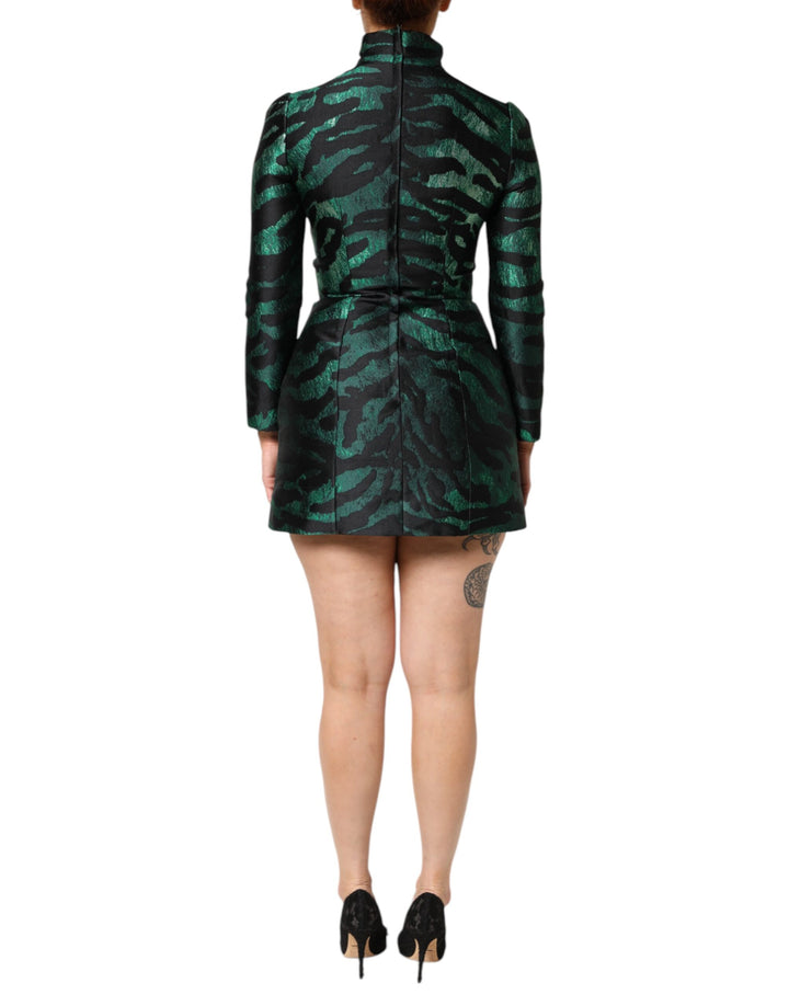 Dolce &amp; Gabbana Black Green Metallic Jacquard Mini Long Dress