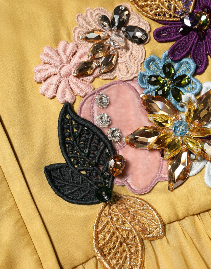 Dolce &amp; Gabbana Yellow Silk Floral Embroidered Maxi Dress