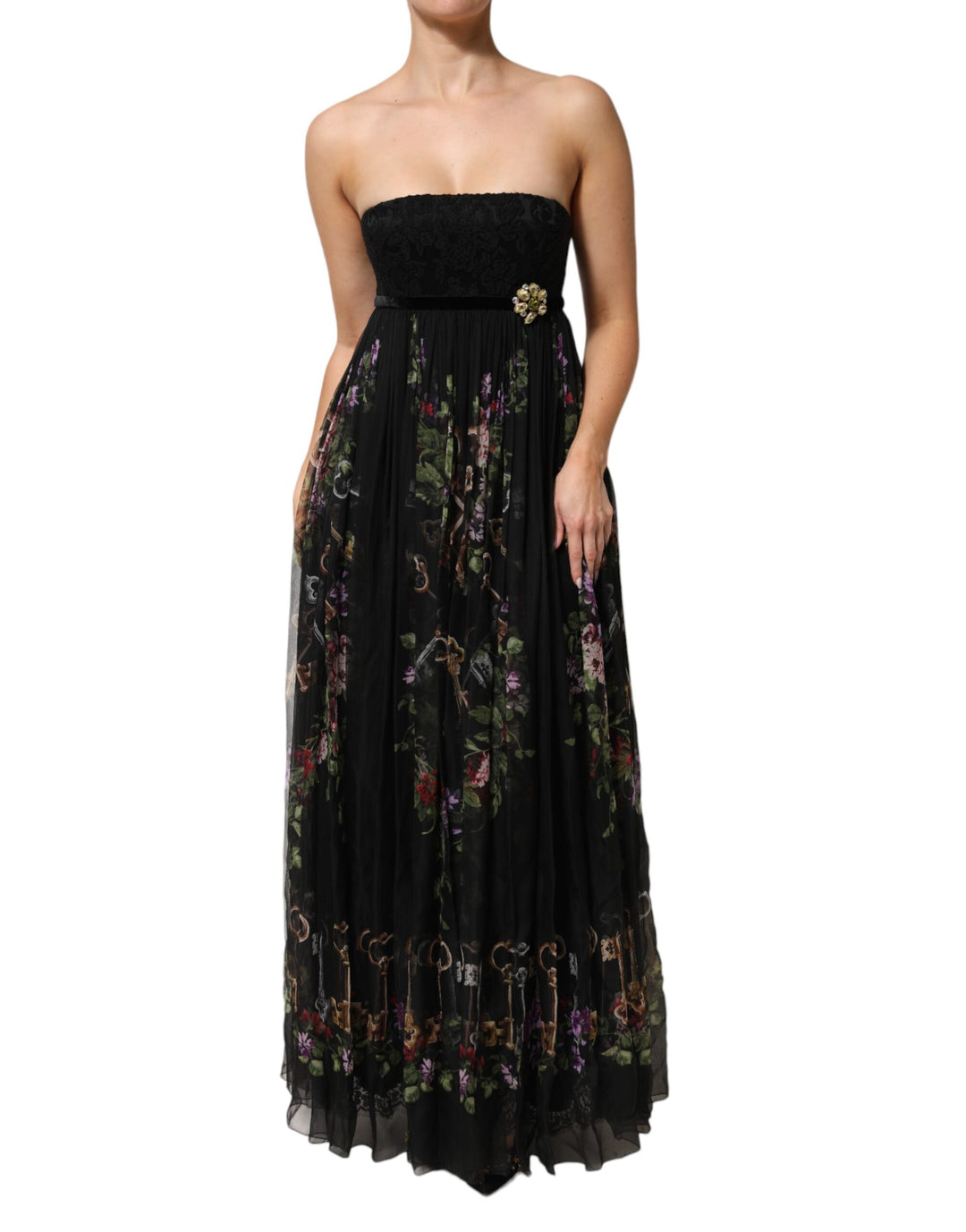 Dolce &amp; Gabbana Black Floral Key Print Crystal Strapless Dress