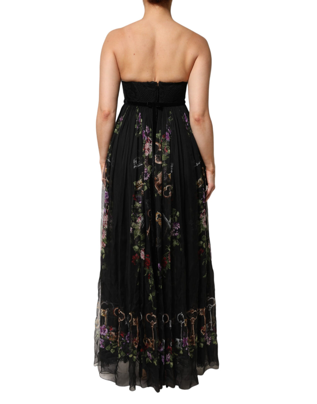Dolce &amp; Gabbana Black Floral Key Print Crystal Strapless Dress