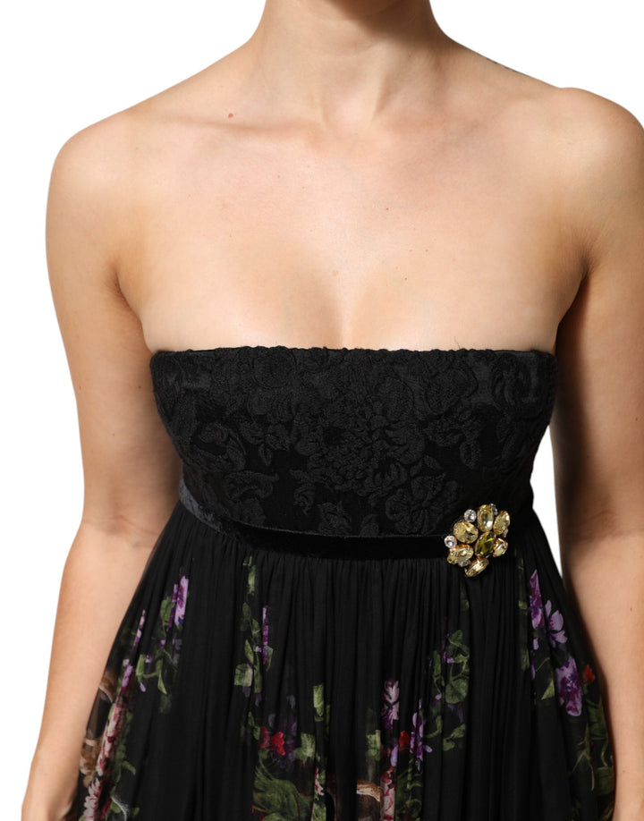 Dolce &amp; Gabbana Black Floral Key Print Crystal Strapless Dress