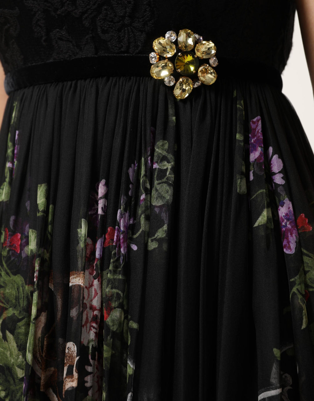 Dolce &amp; Gabbana Black Floral Key Print Crystal Strapless Dress