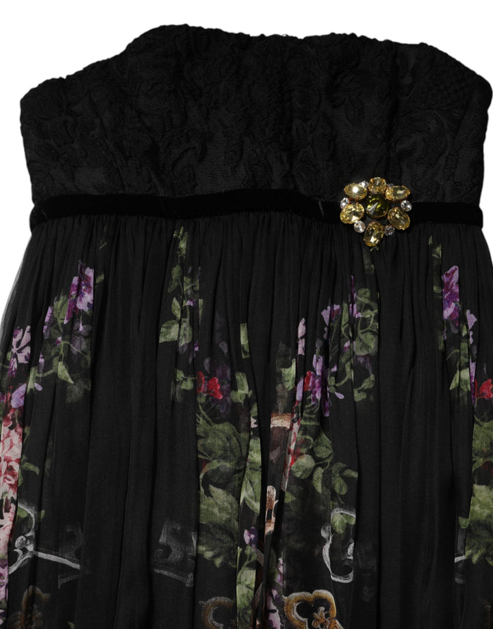 Dolce &amp; Gabbana Black Floral Key Print Crystal Strapless Dress